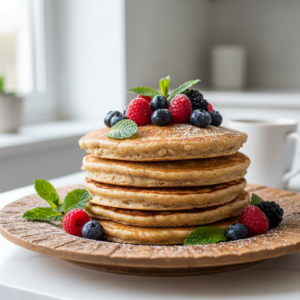 Avižiniai blyneliai iš pilno grūdo miltų ant medinio stalo su šviežiomis uogomis